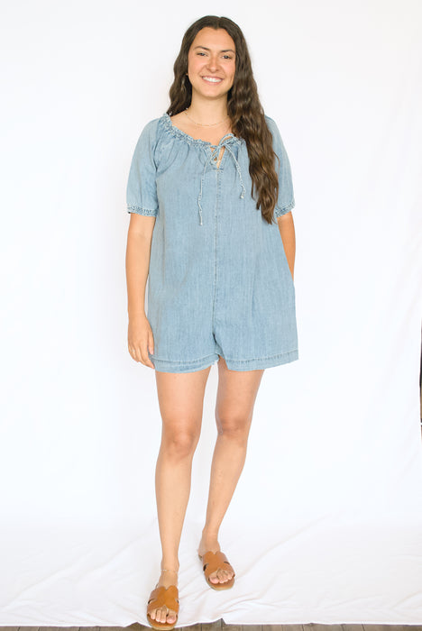 Puff Sleeve Denim Romper