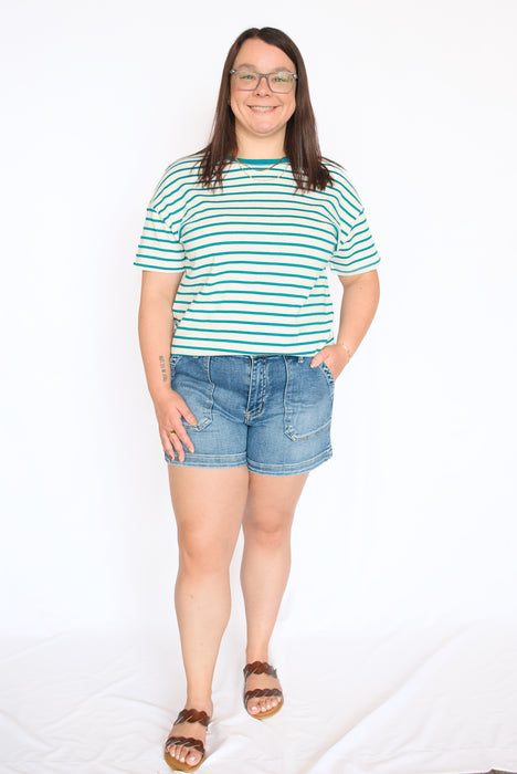 High Rise Patch Pocket Denim Shorts | Medium Dark Wash