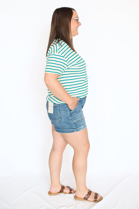High Rise Patch Pocket Denim Shorts | Medium Dark Wash