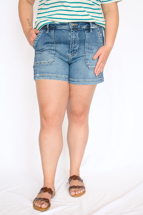 High Rise Patch Pocket Denim Shorts | Medium Dark Wash