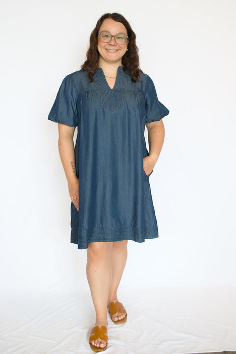 Washed Chambray Dress | Puff Sleeve A-Line Denim Mini Dress
