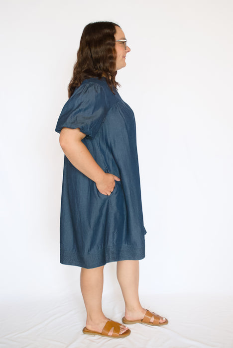 Washed Chambray Dress | Puff Sleeve A-Line Denim Mini Dress