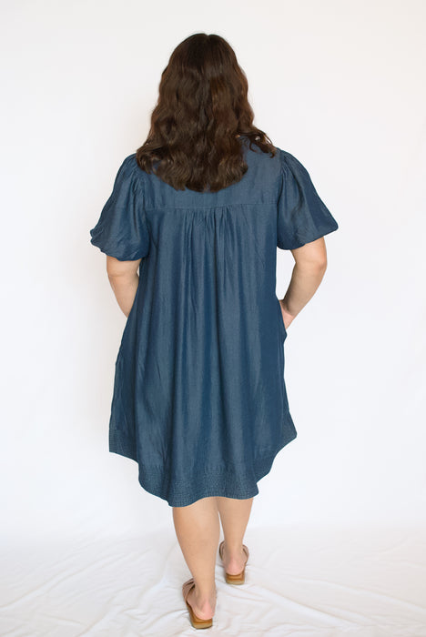 Washed Chambray Dress | Puff Sleeve A-Line Denim Mini Dress