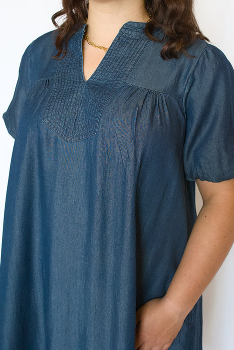 Washed Chambray Dress | Puff Sleeve A-Line Denim Mini Dress