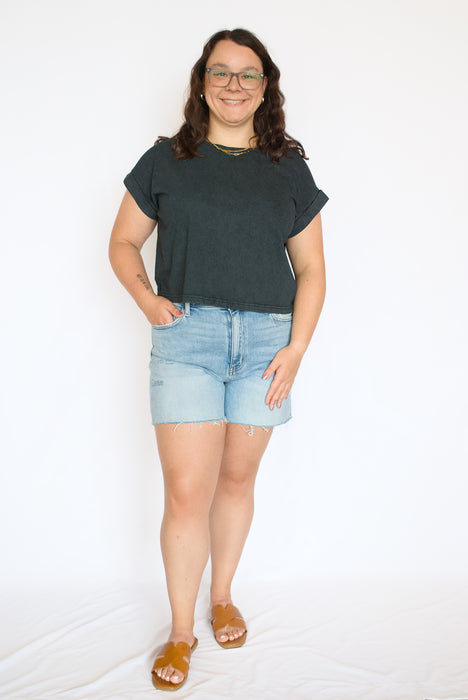 Washed Cotton Cuffed Sleeve Top | Relaxed Cropped Everyday Tee