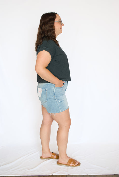 Washed Cotton Cuffed Sleeve Top | Relaxed Cropped Everyday Tee