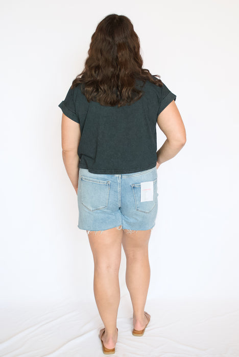 Washed Cotton Cuffed Sleeve Top | Relaxed Cropped Everyday Tee