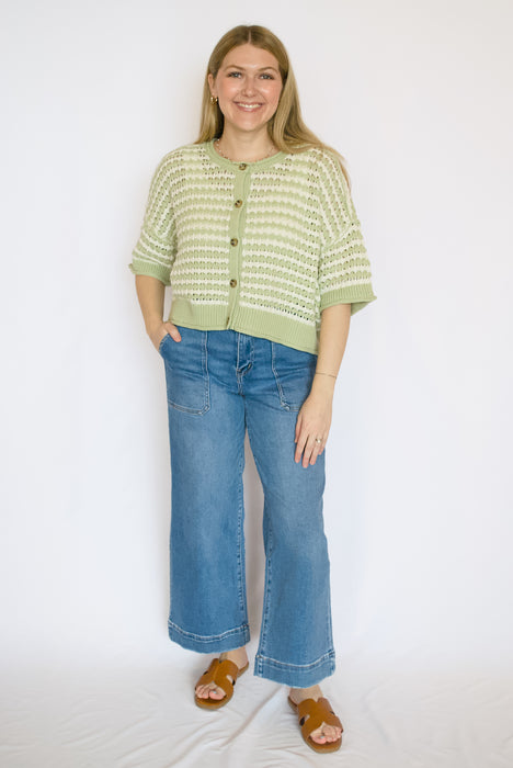 Striped Crochet Knit Button Down Cardigan Sweater