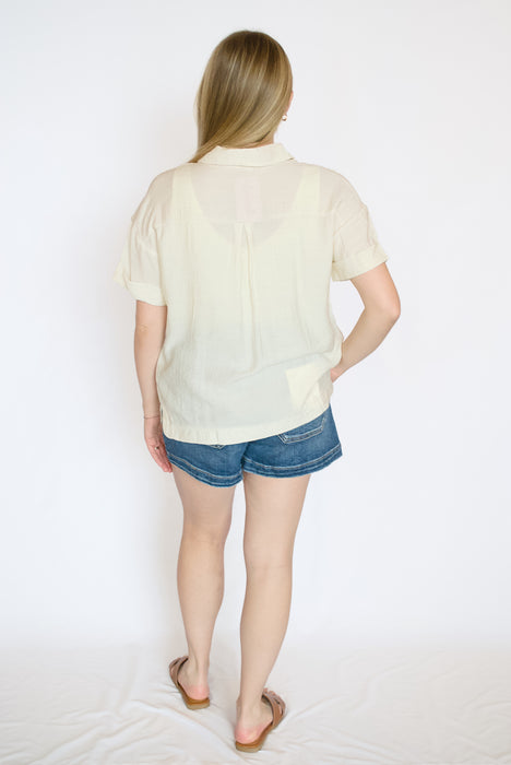 Linen Blend Boxy Button Down Top | Collared Short Sleeve Blouse