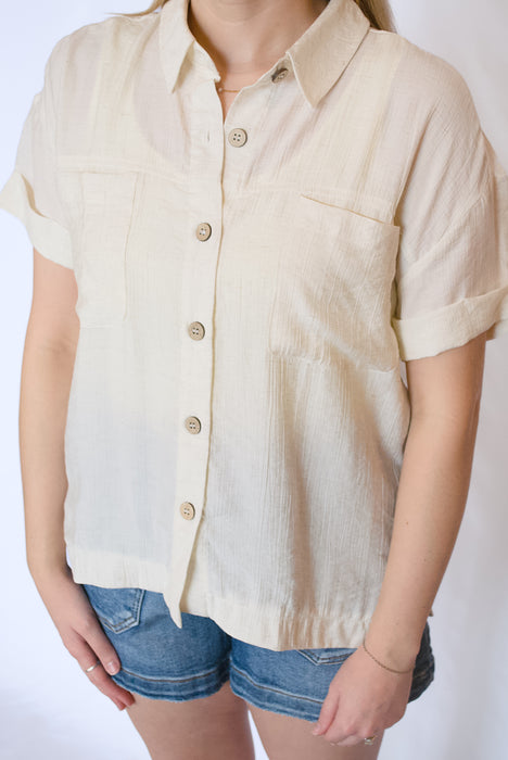 Linen Blend Boxy Button Down Top | Collared Short Sleeve Blouse