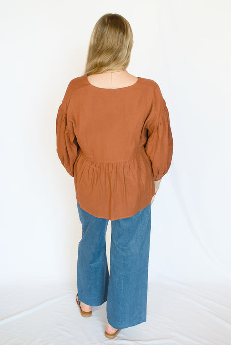 Cotton V-Neck Balloon Sleeve Blouse