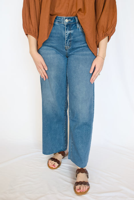 High Rise Cropped Wide Leg Jeans | Medium Wash Raw Hem Denim