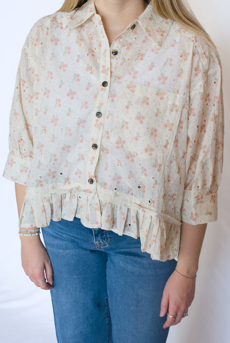 Ivory Floral Eyelet Peplum Blouse