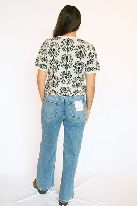 Floral Knit Sweater Cardigan | Short Puff Sleeve Button Down Top