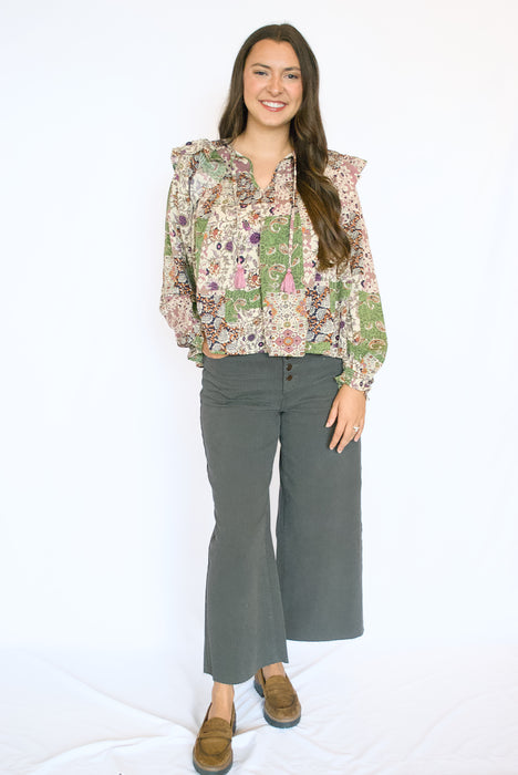 Patchwork Print Ruffle Blouse
