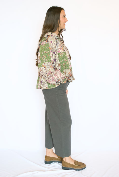 Patchwork Print Ruffle Blouse