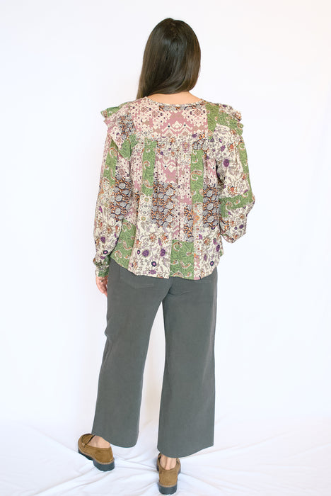 Patchwork Print Ruffle Blouse
