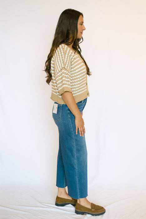 Striped Crochet Knit Button Down Cardigan Sweater