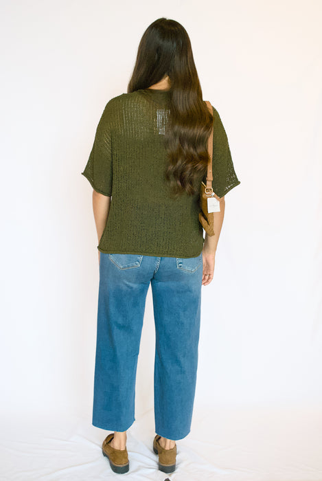 Sheer Crochet Knit Top | Short Sleeve Relaxed Fit Sweater