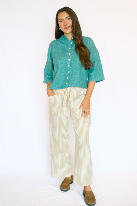 Elbow Sleeve Sweater Cardigan | Relaxed Button Down Knit Top in Teal