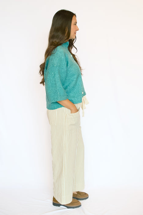 Elbow Sleeve Sweater Cardigan | Relaxed Button Down Knit Top in Teal