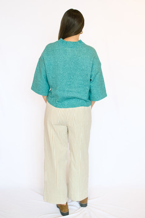 Elbow Sleeve Sweater Cardigan | Relaxed Button Down Knit Top in Teal