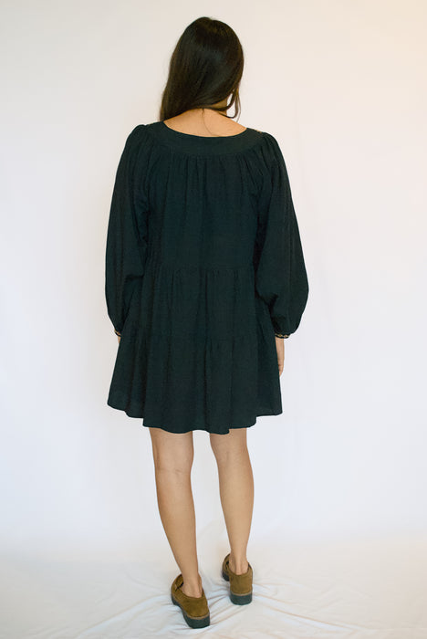 Embroidered Tiered Mini Dress | Square Neck Long-Sleeve Dress