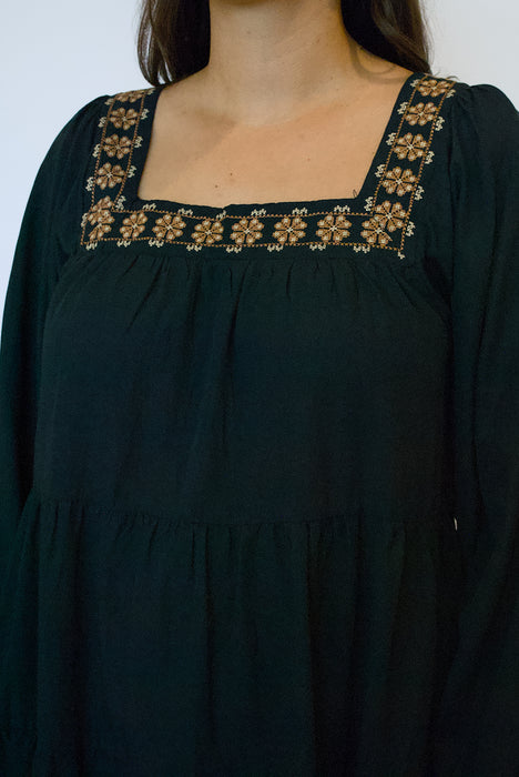 Embroidered Tiered Mini Dress | Square Neck Long-Sleeve Dress