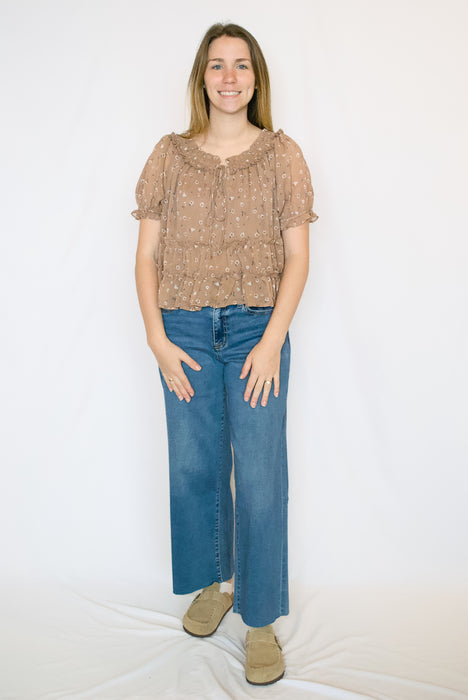 Floral Puff Sleeve Tie-Front Top