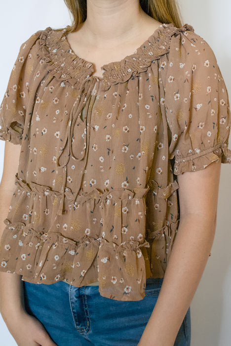 Floral Puff Sleeve Tie-Front Top