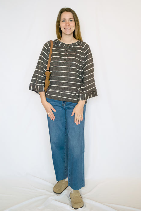 Striped Henley Wide Sleeve Knit Top