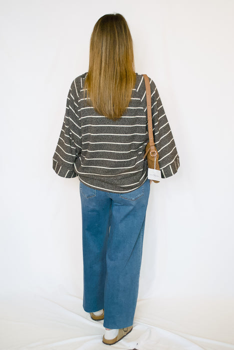 Striped Henley Wide Sleeve Knit Top