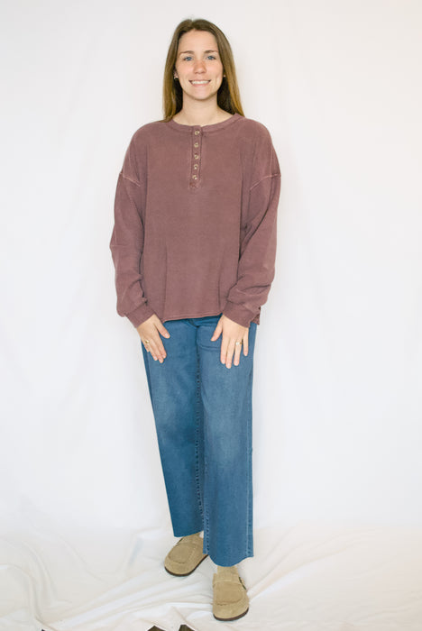 Washed Ribbed Knit Henley Top