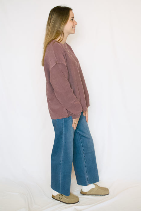 Washed Ribbed Knit Henley Top