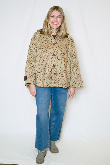 Floral Corduroy Trim Swing Jacket