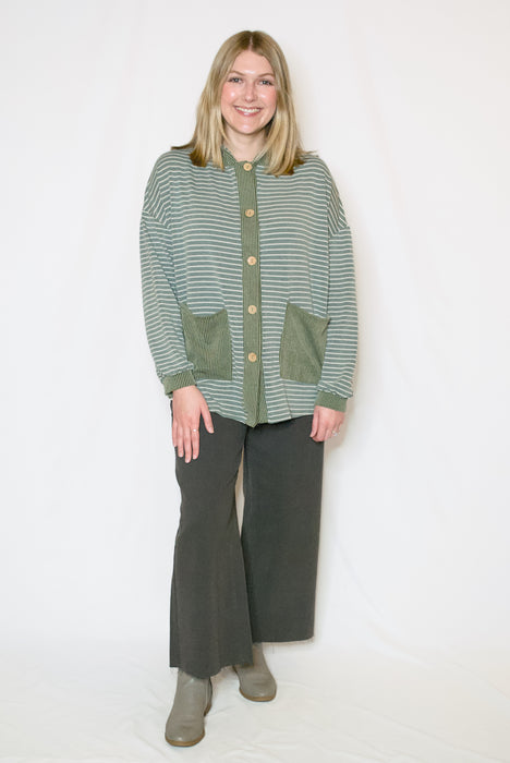 Striped Terry Button-Down Hoodie