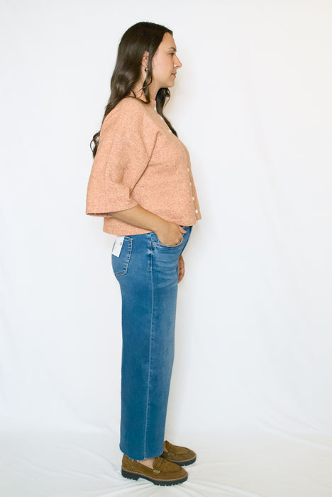 Elbow Sleeve Sweater Cardigan | Relaxed Button Down Knit Top in Rust Lemon