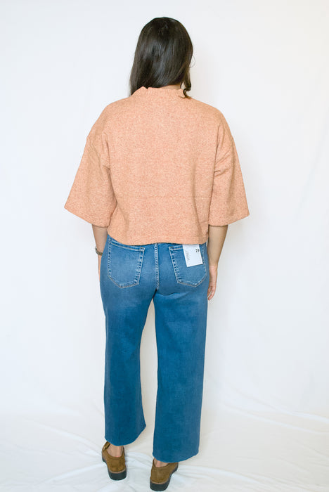 Elbow Sleeve Sweater Cardigan | Relaxed Button Down Knit Top in Rust Lemon