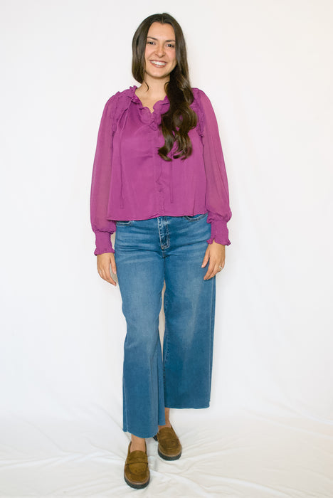 Chiffon Ruffle Blouse | Tie Neck Balloon Sleeve Top