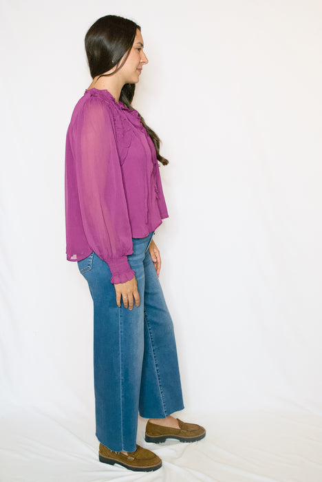 Chiffon Ruffle Blouse | Tie Neck Balloon Sleeve Top