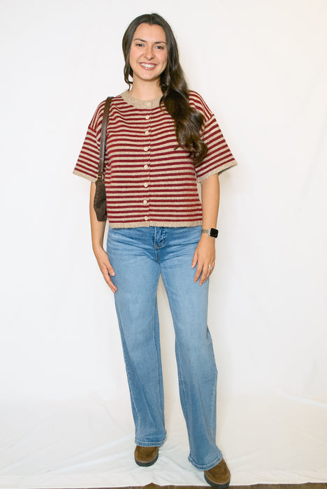 Striped Short Sleeve Sweater Cardigan in Latte Berry
