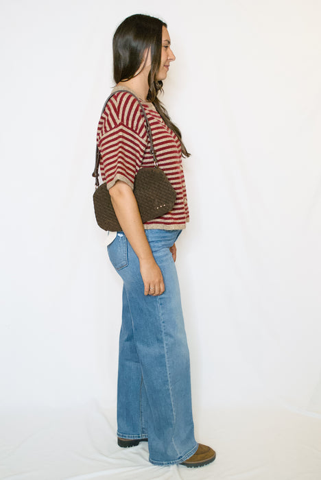 Striped Short Sleeve Sweater Cardigan in Latte Berry