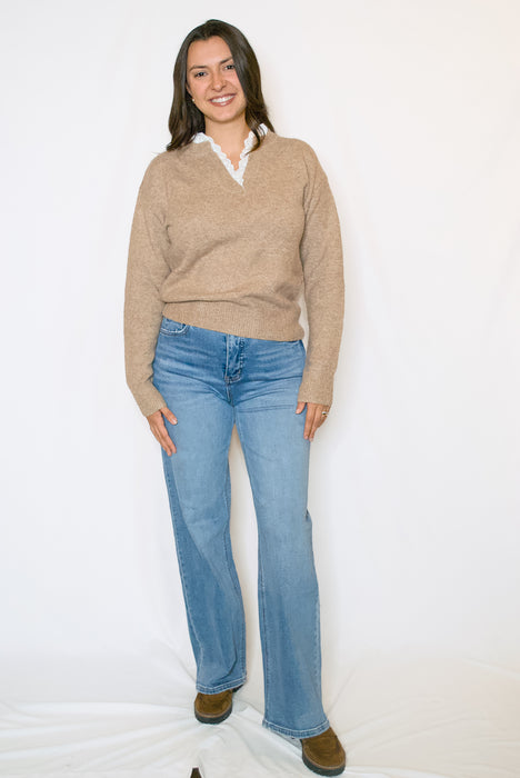 Lace Ruffle V-Neck Sweater