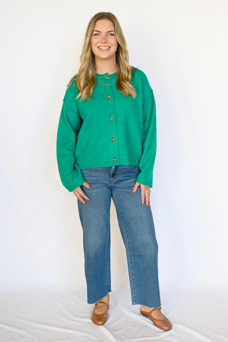 Button Front Ribbed Cardigan in Emerald