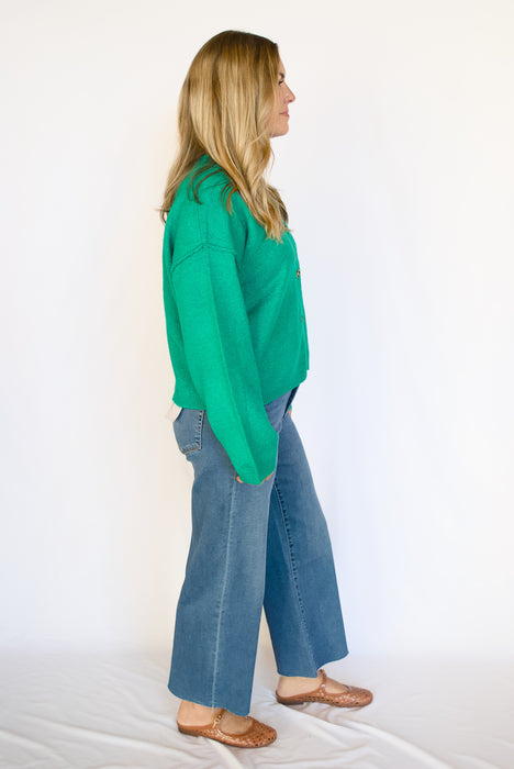 Button Front Ribbed Cardigan in Emerald