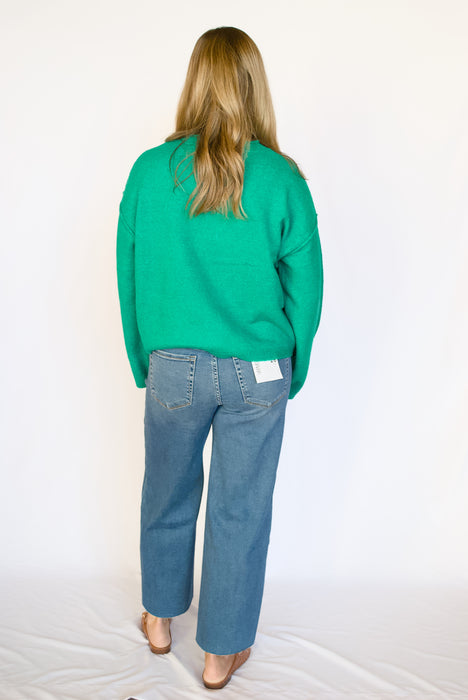 Button Front Ribbed Cardigan in Emerald