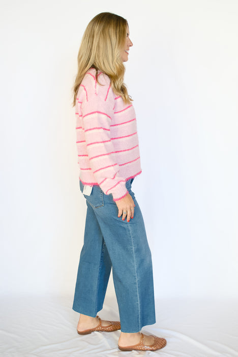 Striped Ribbed Button-Down Cardigan in Pink