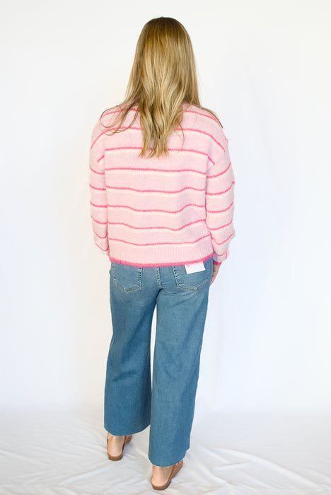 Striped Ribbed Button-Down Cardigan in Pink