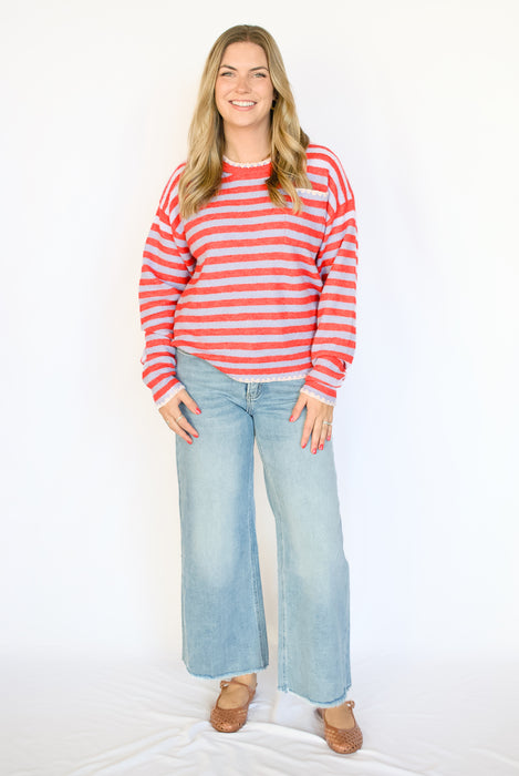 Striped Contrast Stitch Sweater in Red