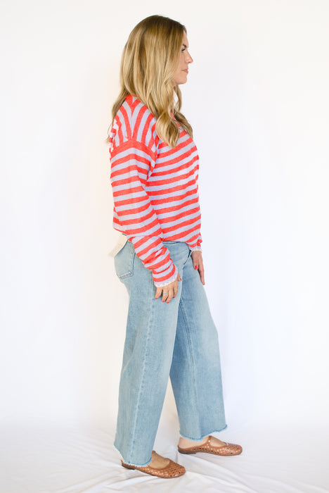 Striped Contrast Stitch Sweater in Red